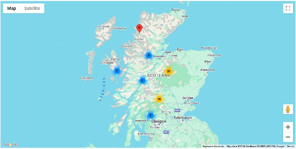 Image of a map of scotland showing the locations of a number of activities. click on the map to use the interactive activity map.